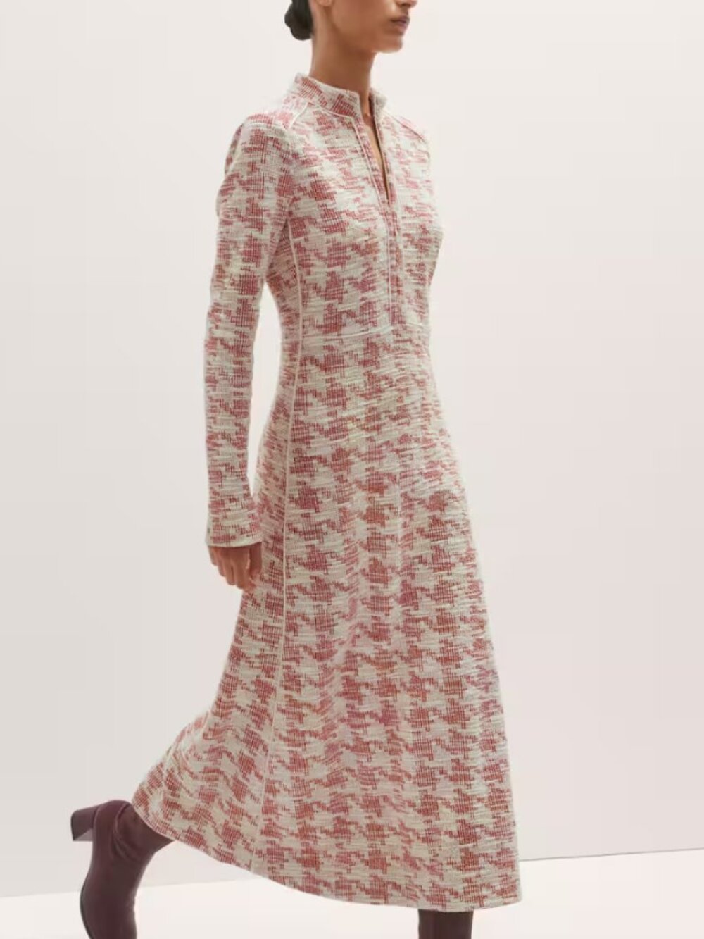 ME+EM Exaggerated Houndstooth Travel Midi Dress in Red and Ivory Size US 14